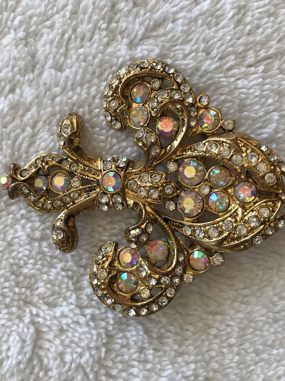 Gold-Tone Crystal Fleur-de-Lis Brooch with Aurora Borealis Rhinestones